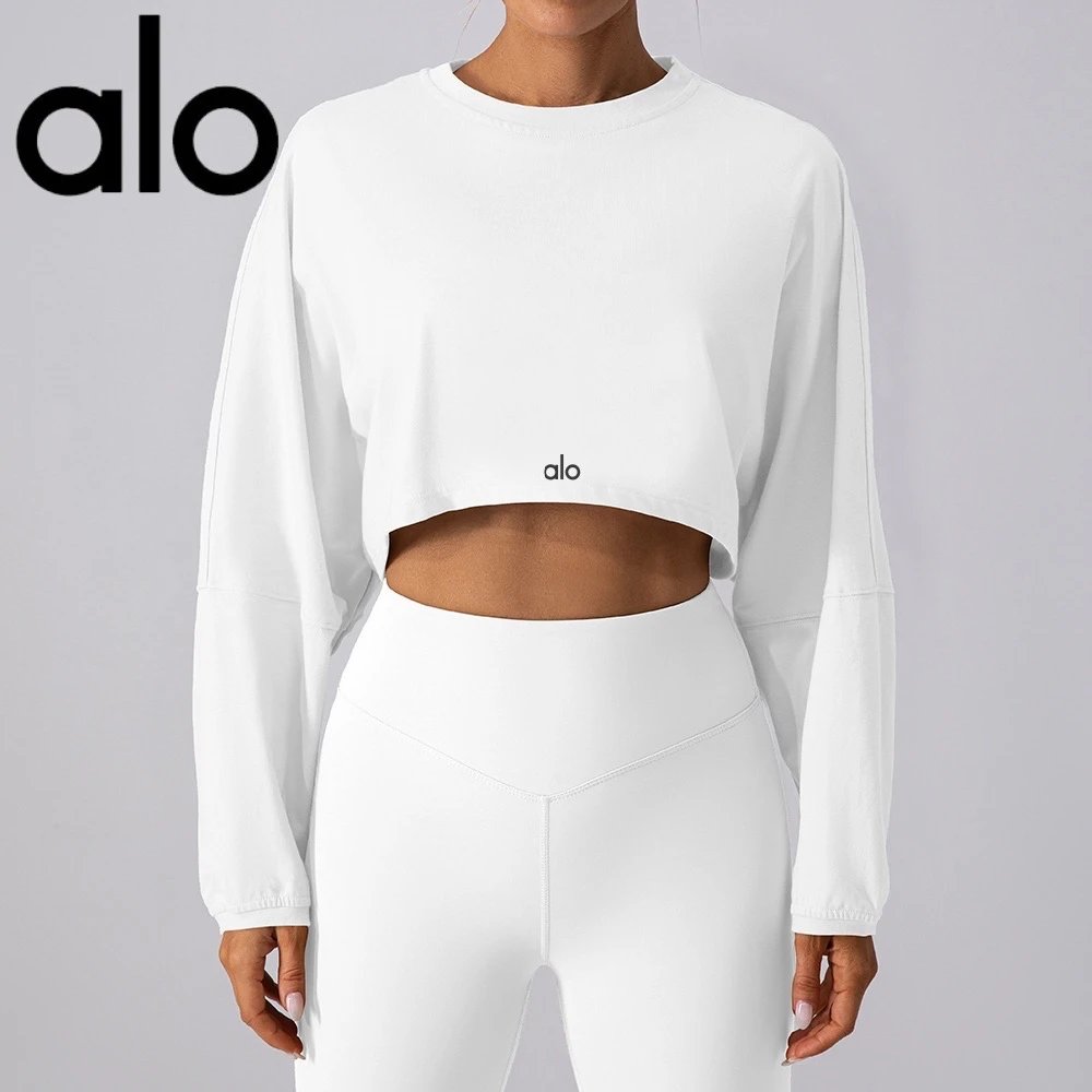 Alo Hoodies & Sweatshirts Cropped crew-neck long-sleeve sweatshirt — White {Black Label}