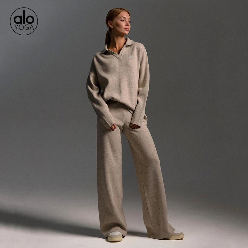 Alo European and American autumn and winter sweater set, Polo collar knitted pullover, wide leg pants two-piece set, knitted women's set