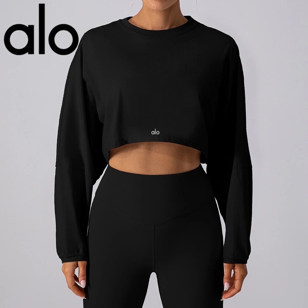 Alo Hoodies & Sweatshirts Cropped crew-neck long-sleeve sweatshirt — Black