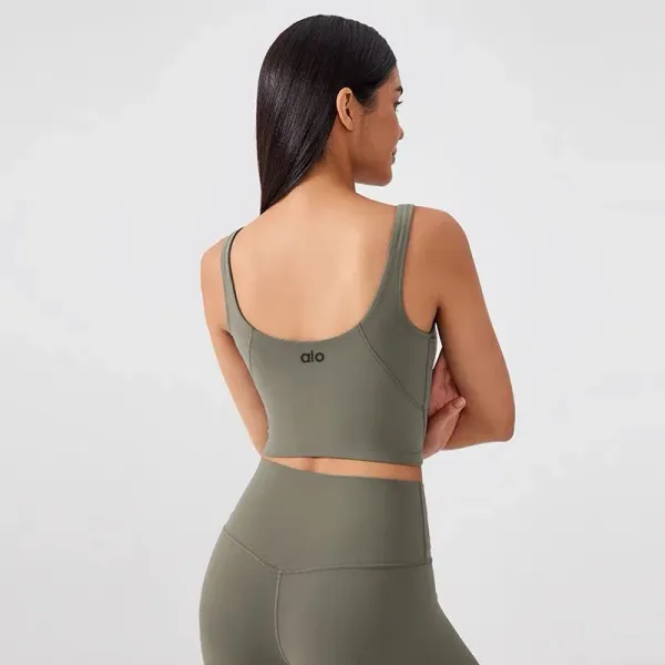 Design Cropped Sports Bra and High-Waisted Leggings Set Khaki Green Activewear - 56
