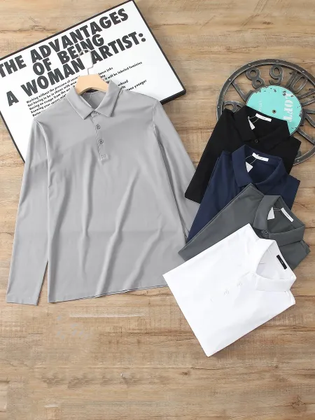 Design Long Sleeve Polo Shirt in White, Black, Navy, Gray, and Charcoal - 4