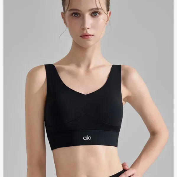 Alo Yoga V-Neck Sports Bra Black Activewear - 1