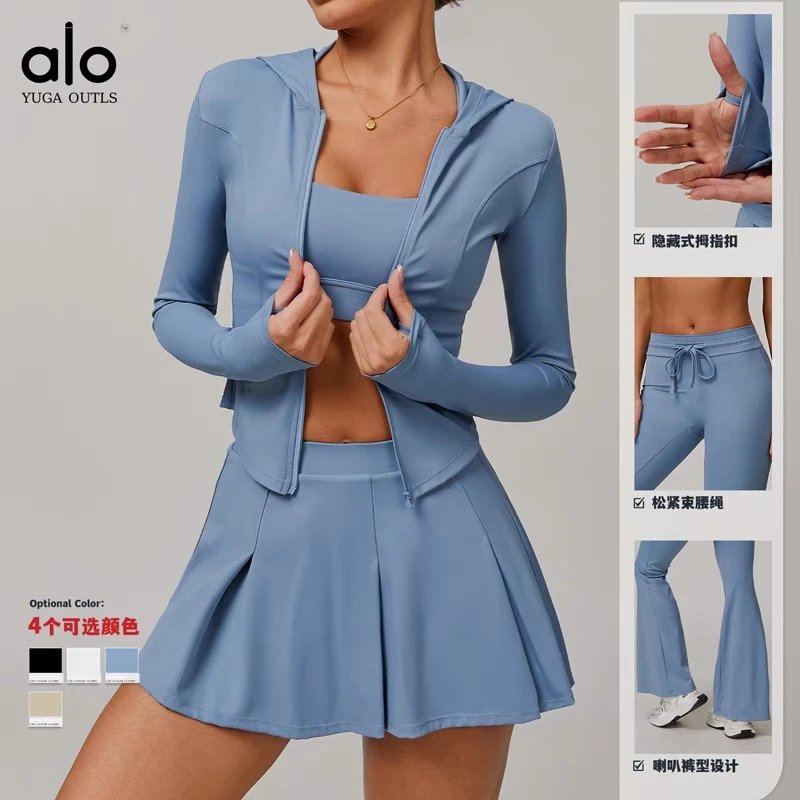 Alo Matching Sets Women's hooded zip-up jacket, sports bra and pleated skirt set image 2