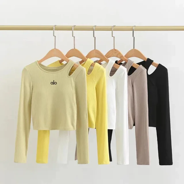 Alo Yoga Shirts Ribbed long-sleeve cropped top with shoulder cutout product detail image 19