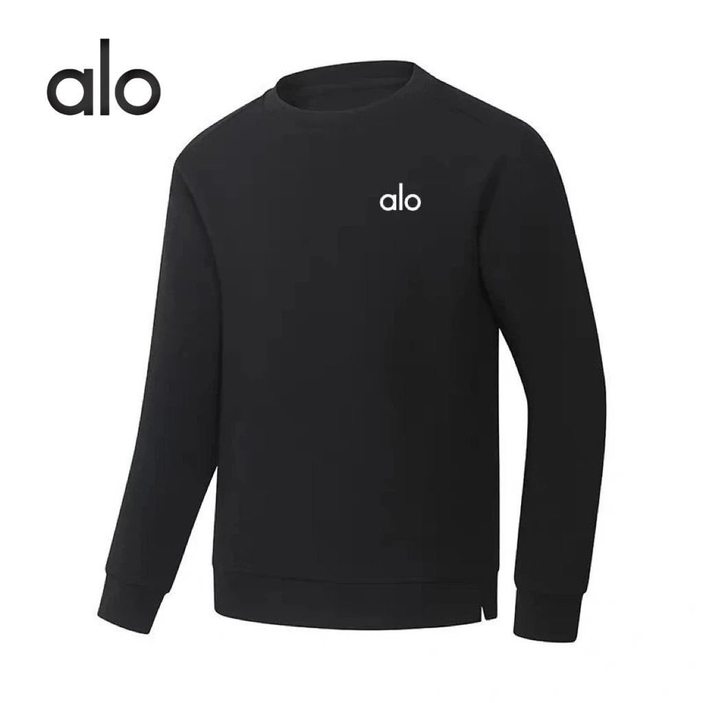 Alo Hoodies & Sweatshirts Logo Crewneck Sweatshirt with Side Hem Slit — Black
