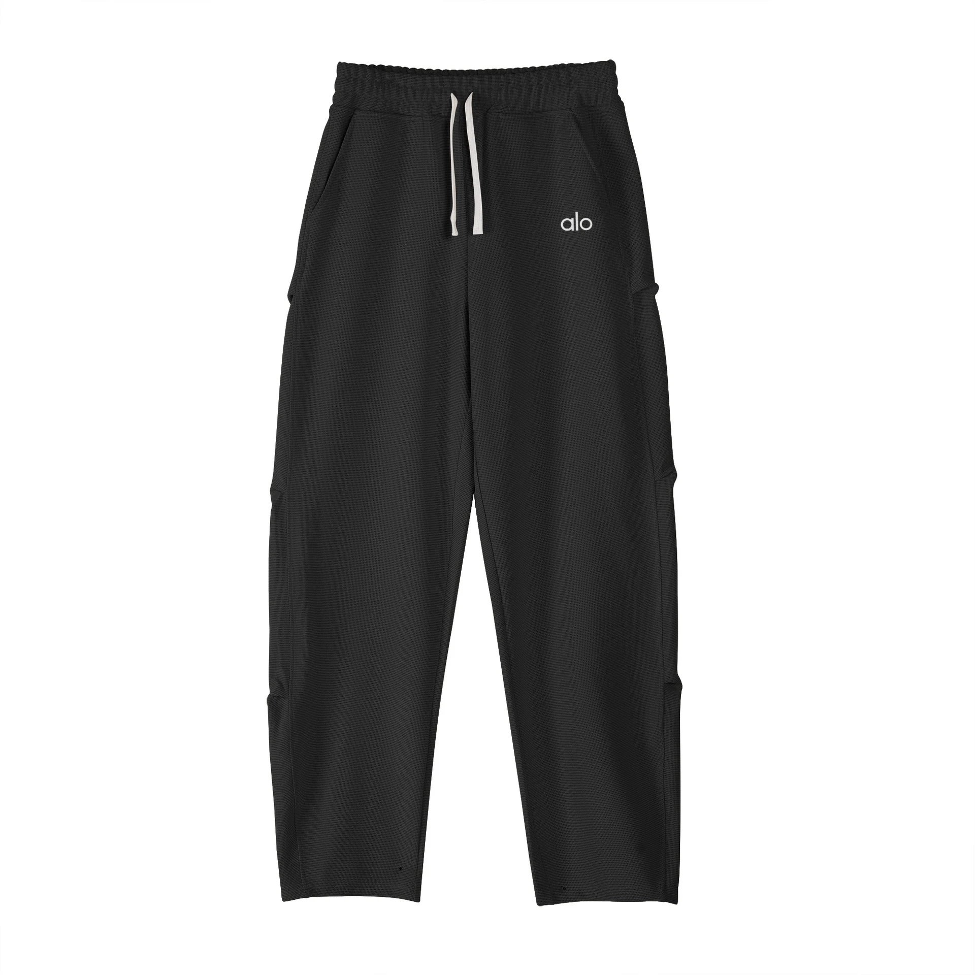 Alo Yoga Trousers Waffle-Knit Drawstring Wide-Leg Sweatpants — Black