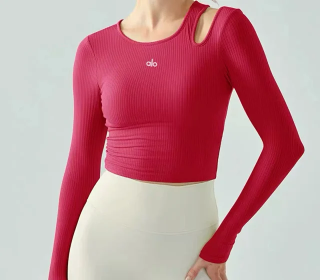 Alo Yoga Shirts Ribbed long-sleeve cropped top with shoulder cutout product detail image 34