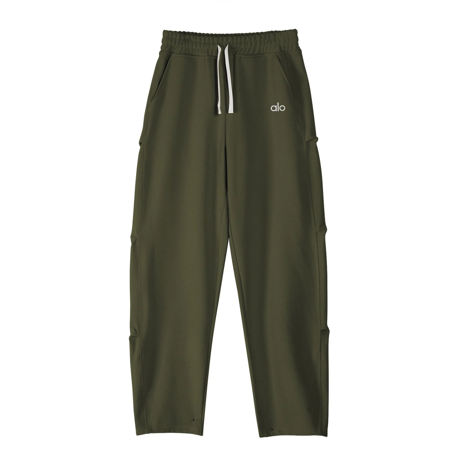 Alo Yoga Trousers Waffle-Knit Drawstring Wide-Leg Sweatpants — army green