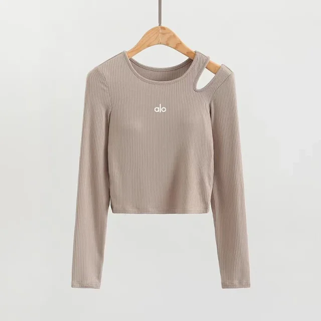 Alo Yoga Shirts Ribbed long-sleeve cropped top with shoulder cutout product detail image 9