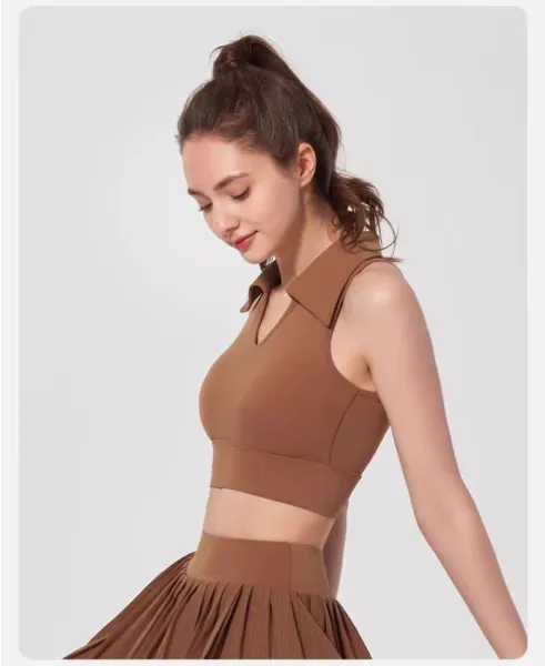 Alo Collar Crop Top Chestnut Brown Activewear - 32