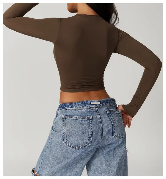 Alo Long Sleeve Cropped Base Layer Beige Top - 30