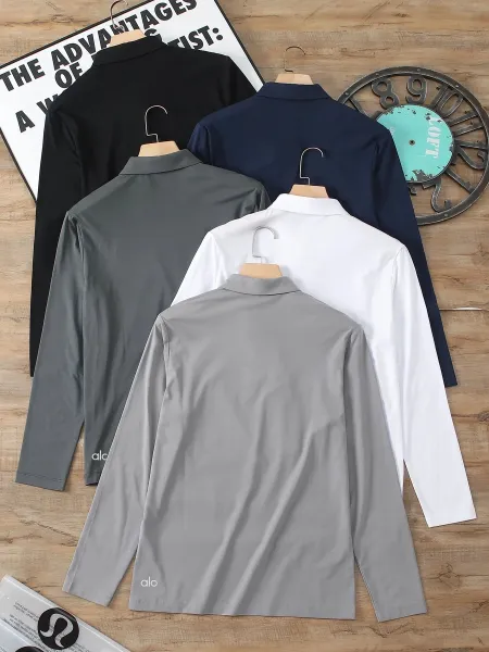 Design Long Sleeve Polo Shirt in White, Black, Navy, Gray, and Charcoal - 5