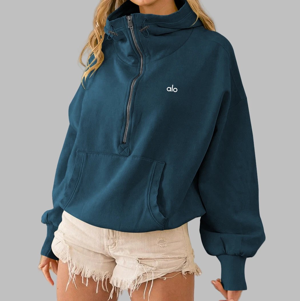 Alo Yoga Hoodies & Sweatshirts Half-Zip Hooded Pullover with Kangaroo Pocket — Blue