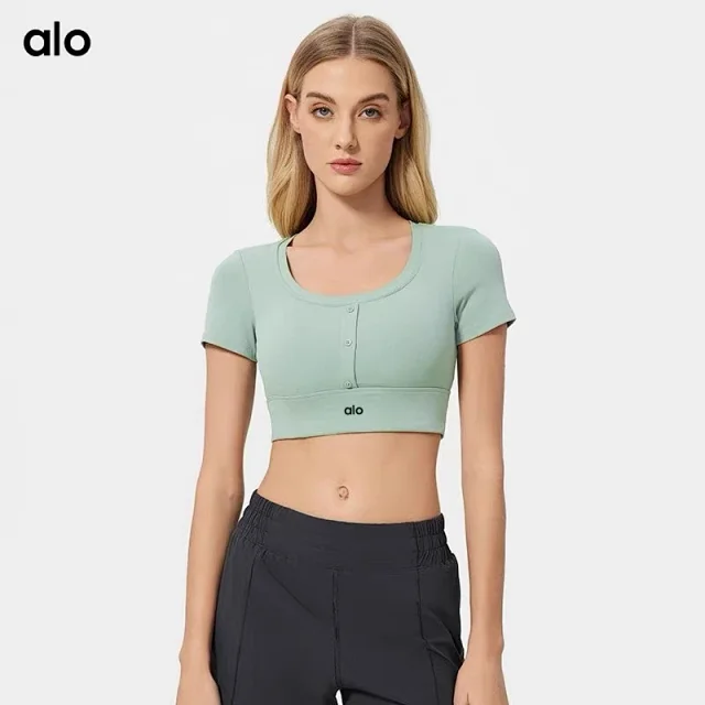 Alo Yoga T-Shirts Cropped short-sleeve button-front athletic top product detail image 7