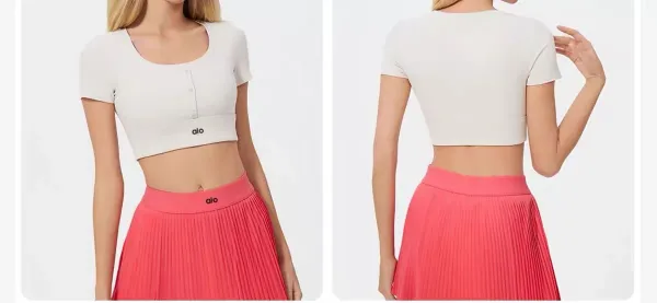 Alo Button-Front Crop Top White + Pleated Tennis Skirt Pink Activewear - 25