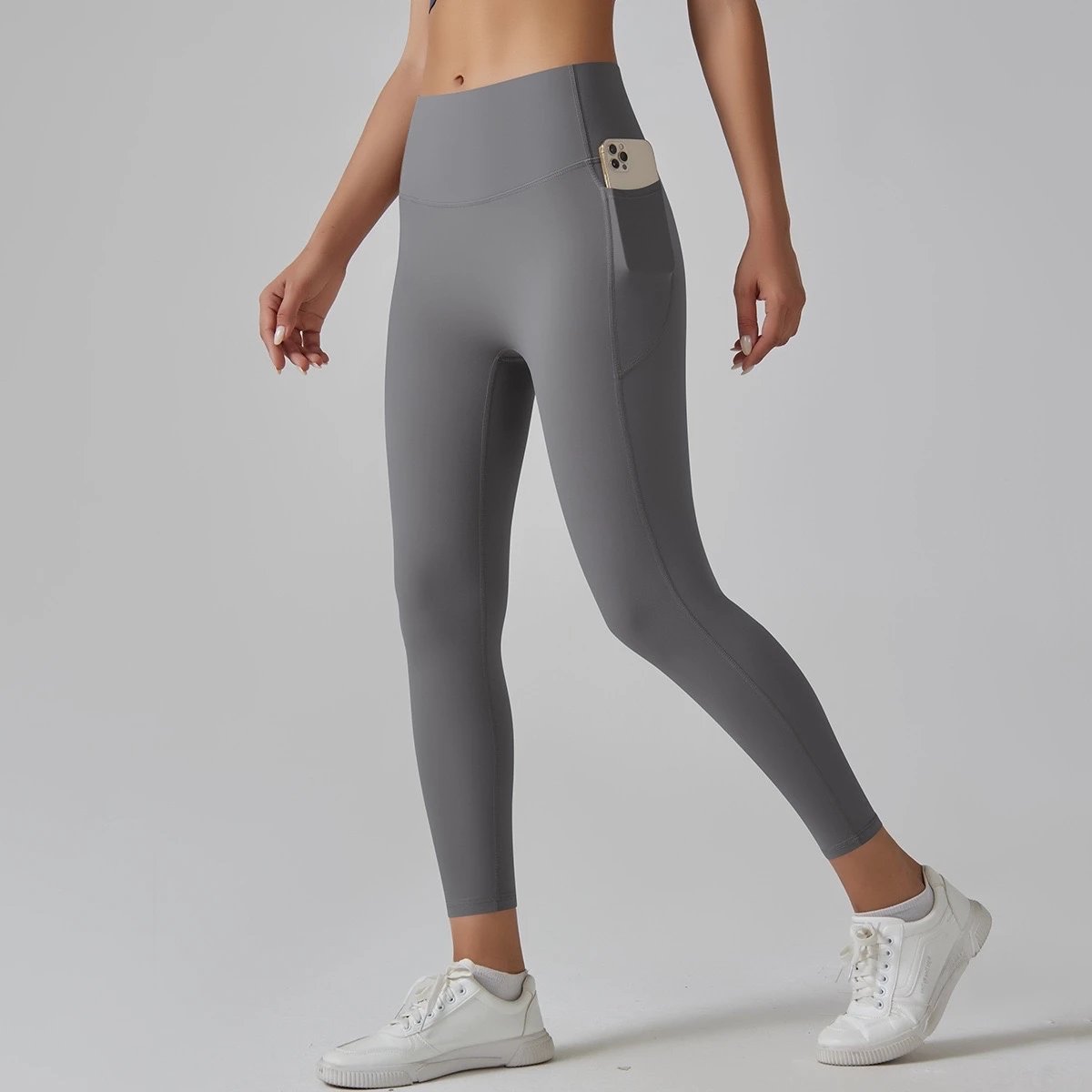 Alo Yoga Trousers High-Waisted Side-Pocket Leggings — {Pocket Bumper Pants} Titanium Grey