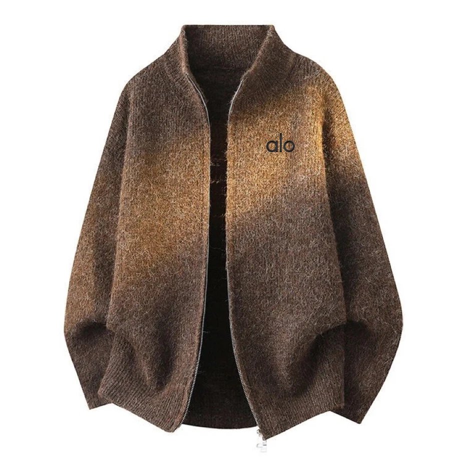Alo Knitwear Zip-Up Stand-Collar Knit Cardigan — Brown