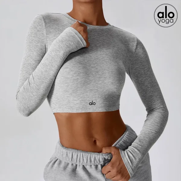 Alo Long Sleeve Ribbed Crop Top White Activewear - 3