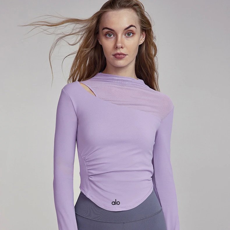Alo Yoga Shirts Long-Sleeve Asymmetric Mesh Panel Top — Pink-purple