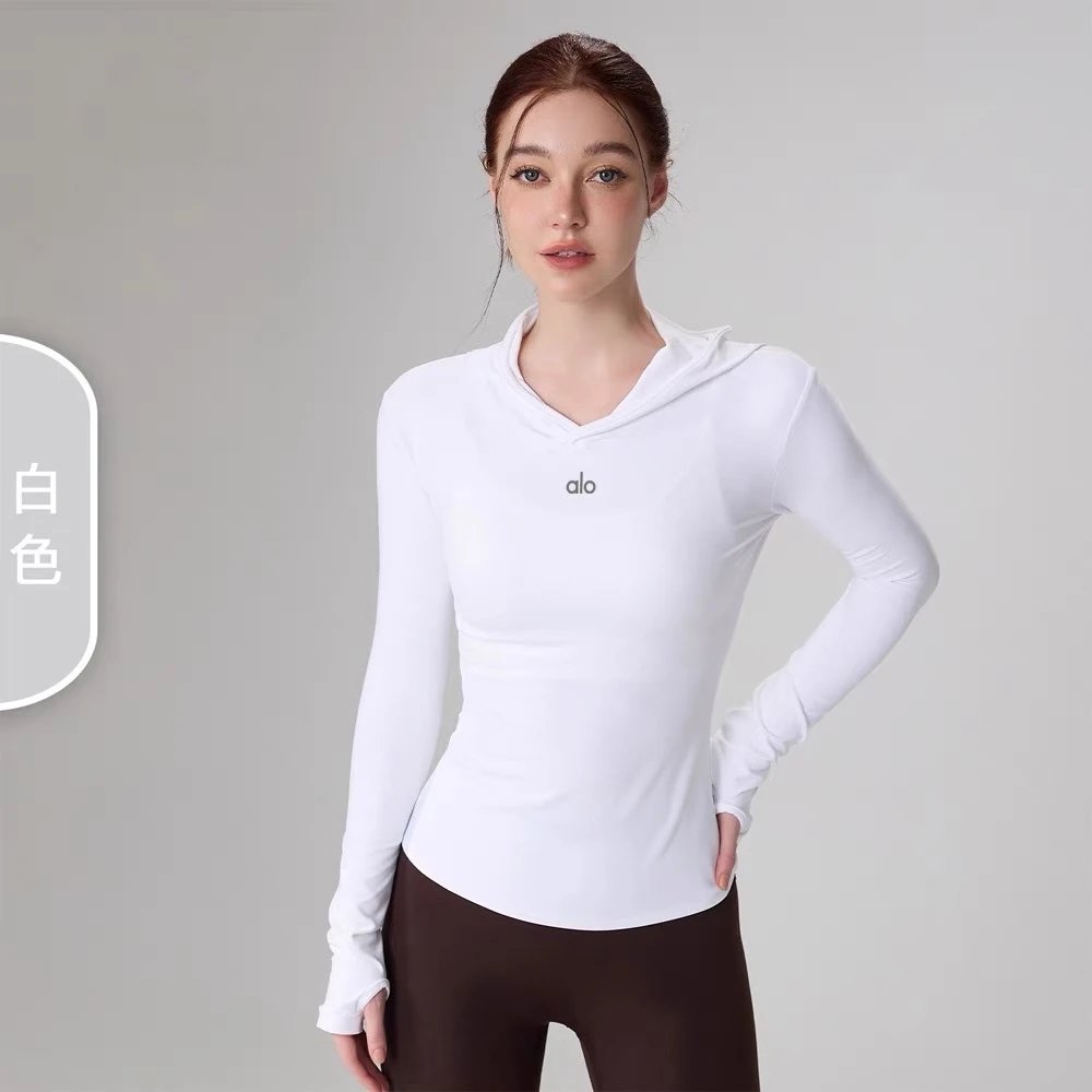 Alo Hoodies & Sweatshirts Fitted Long-Sleeve Hooded Athletic Top with Thumbholes — white