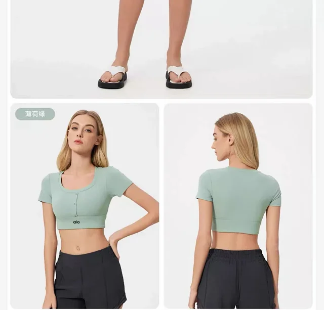 Alo Yoga T-Shirts Cropped short-sleeve button-front athletic top product detail image 22