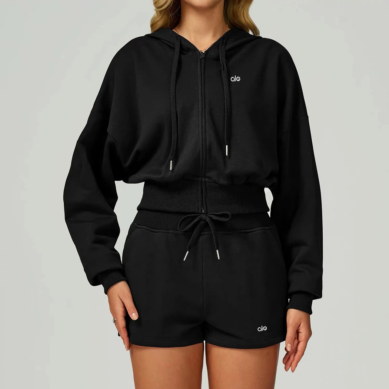 Alo Hoodies & Sweatshirts Cropped zip-up hoodie with drawstring hood image 4