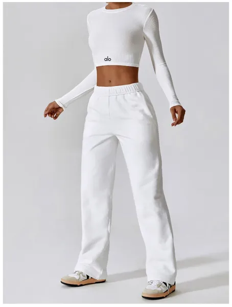 Alo Long Sleeve Ribbed Crop Top White Activewear - 23