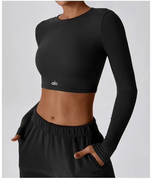 Alo Long Sleeve Ribbed Crop Top White Activewear - 32