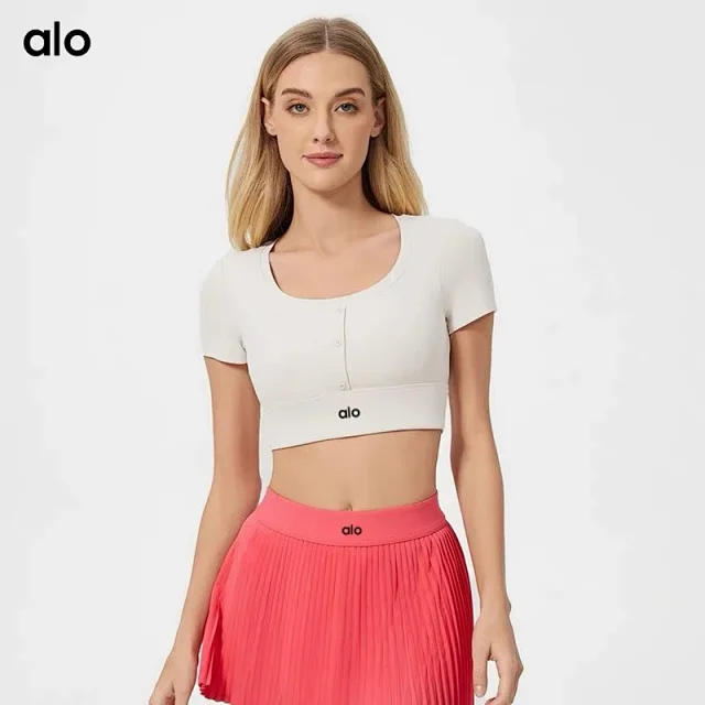 Alo Yoga T-Shirts Cropped short-sleeve button-front athletic top product detail image 1