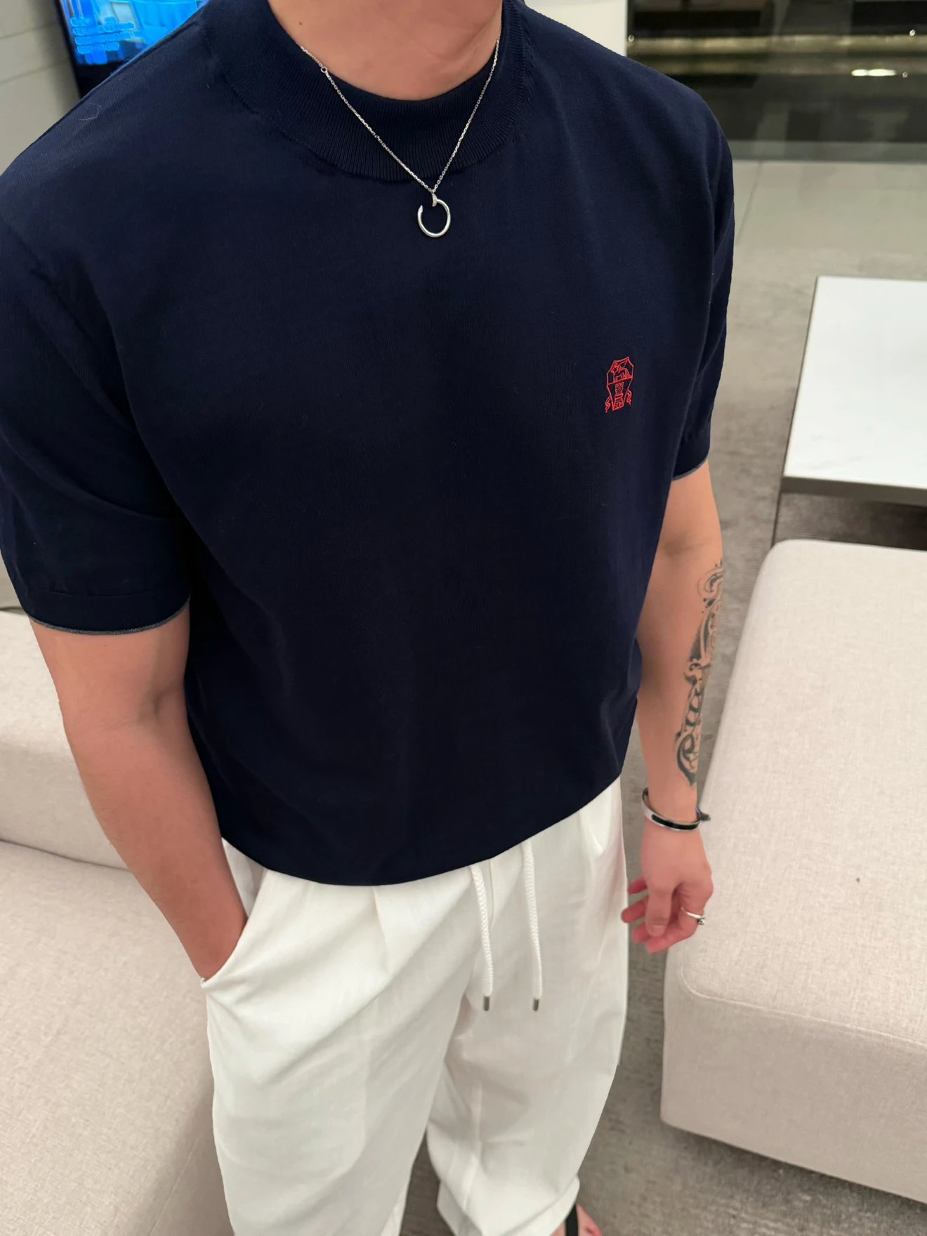6.20 spot Cupid26ss Bc navy blue round neck red embroidered short sleeved/cashmere soft touch