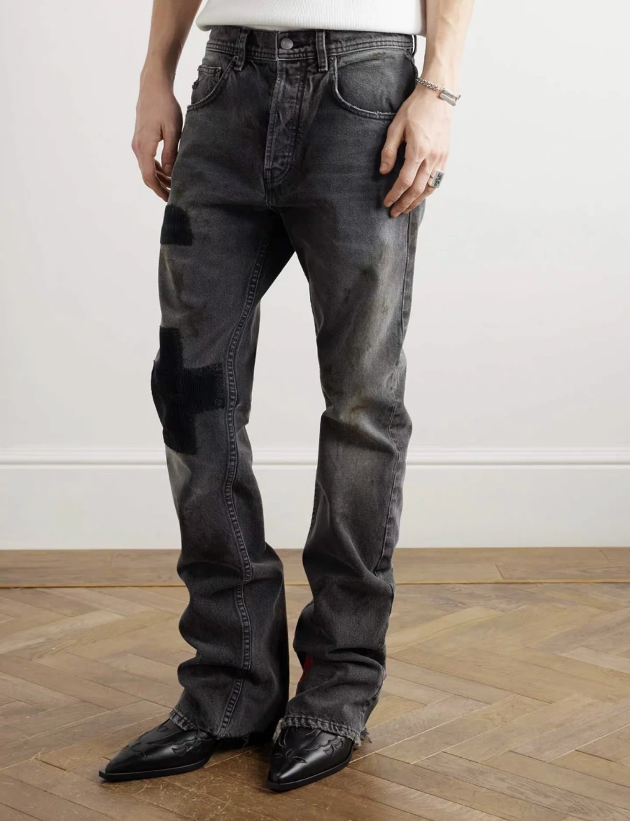 ERD24fw style black party pants with melancholic rich second-generation distressed splicing