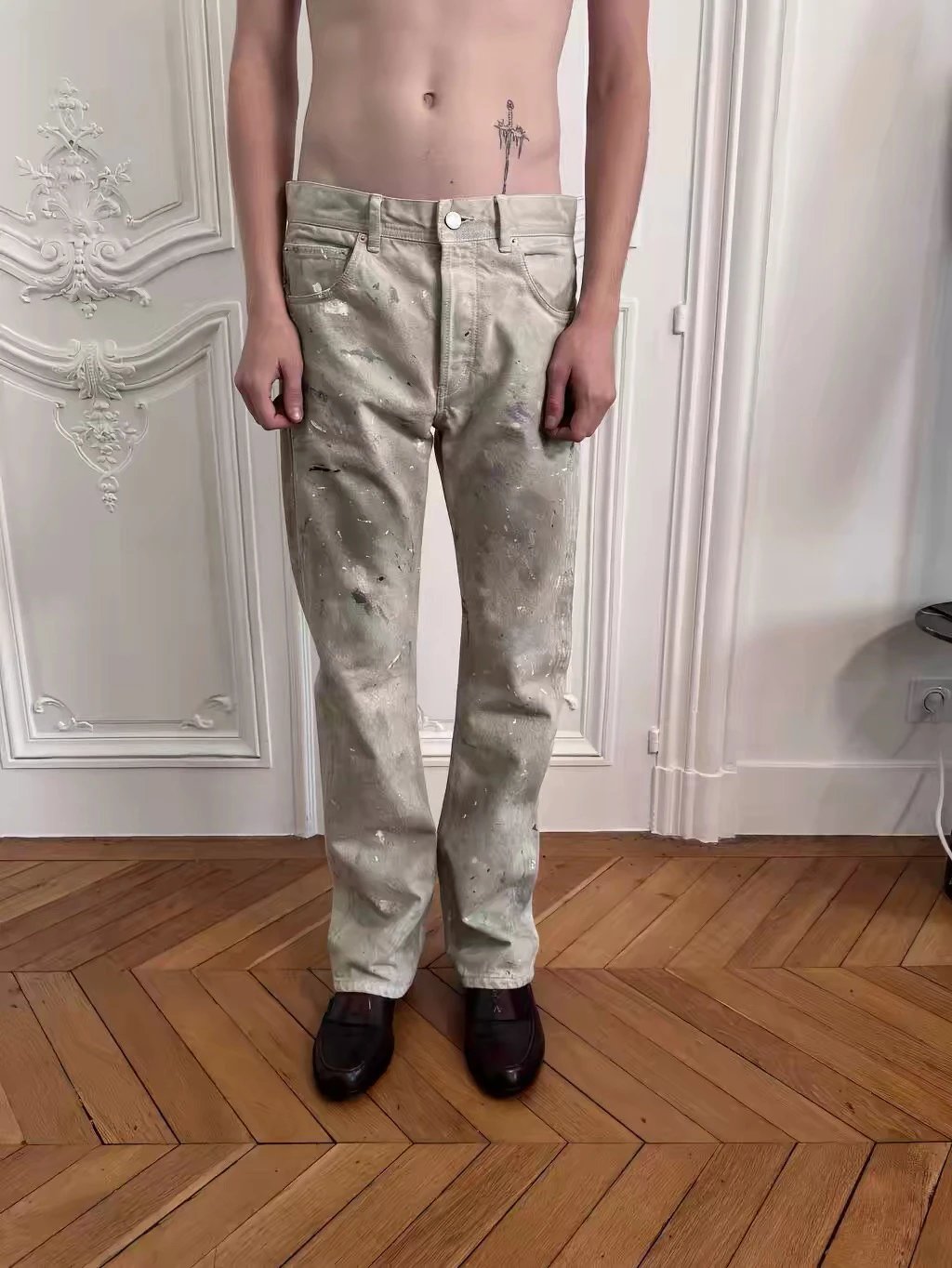 (Annual Pants King) ERD26ss white splashed ink oil stains dirty jeans in stock, shipped in seconds