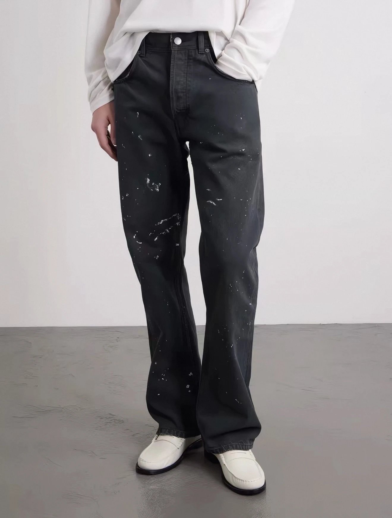 ERD25FW Zurich Splatter Washed Distressed Slightly Flared Jeans, Washed Black - In Stock, Ships Immediately