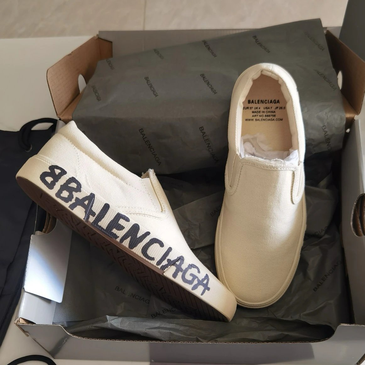 Black Logo White Canvas Slip-On