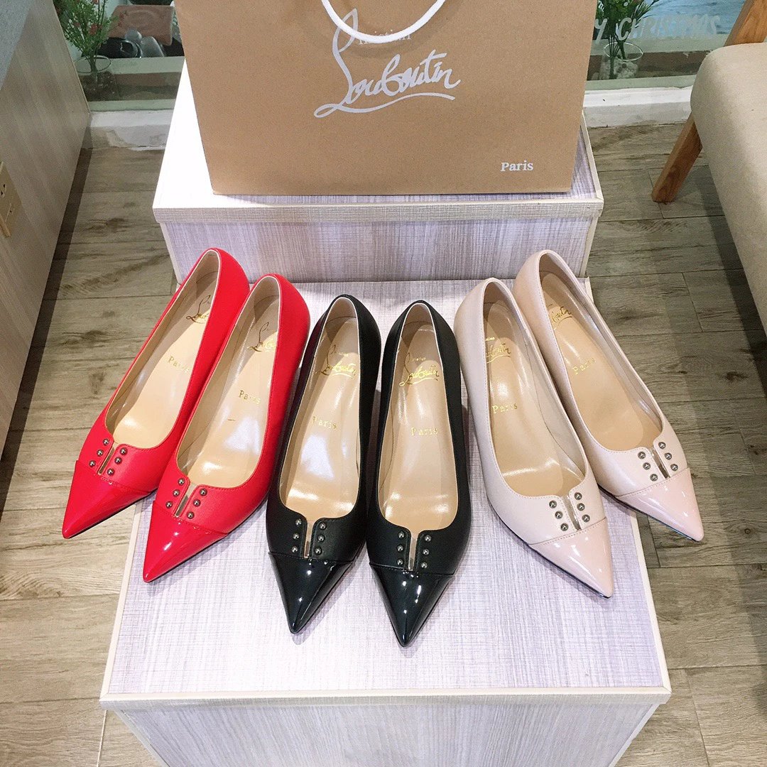 CL Christián Lòuboutin high heels women's genuine leather white rivet stiletto pointed shallow mouth versatile