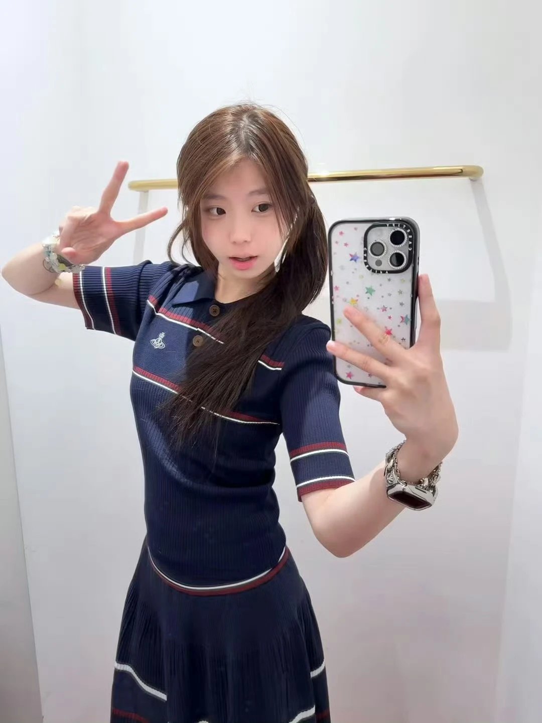 Vivienne Westwood Navy Ribbed Knit Polo & Pleated Skirt Set Striped Trim & Orb Logo 1