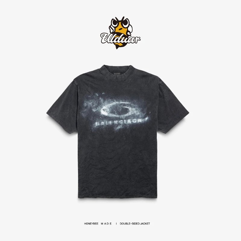 [Restock] Bee MADE I Ring Logo Cloud Print Washed & Distressed Crinkle Short Sleeve Tee