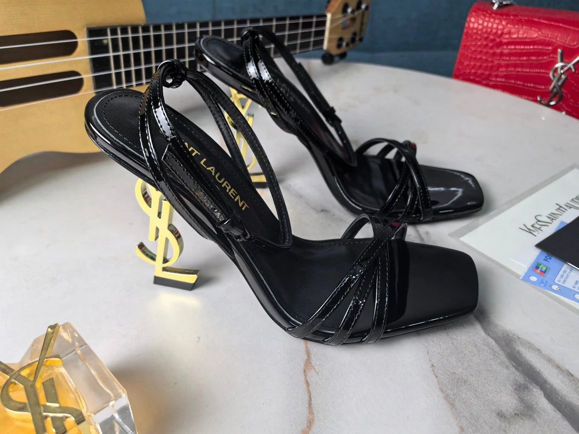 YSL Saint Laurent Logo Patent Leather Strappy Heeled Sandals for Women, Ankle Strap Thin High Heels, One-Strap Buckle Style, Glamorous Open-Toe, Sexy Real Leather Women's Shoes, Ships via SF Express