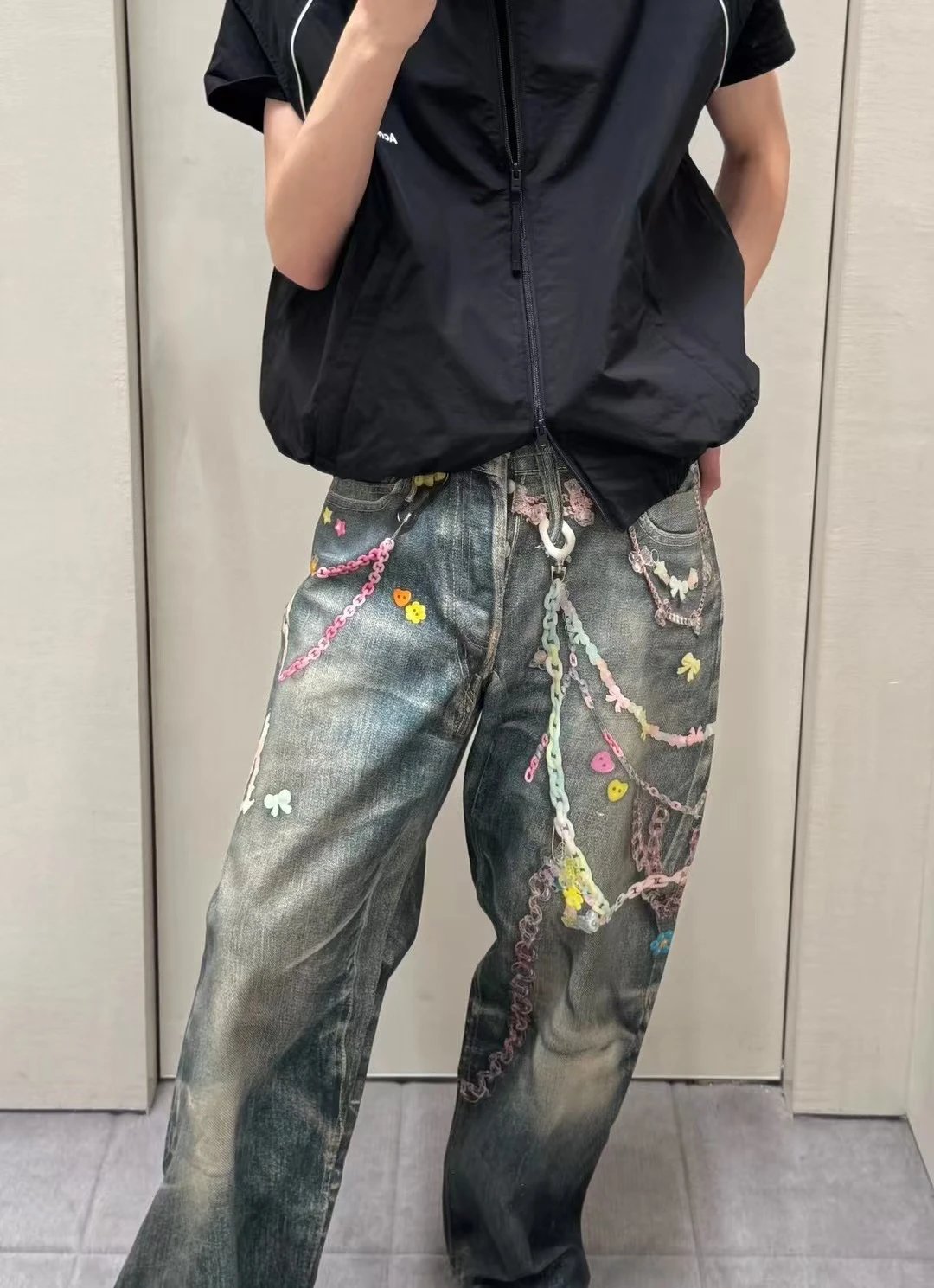 CUPID CLUB Wide-Leg Distressed Denim Jeans, Beaded Chains, Unisex Urban Style 1