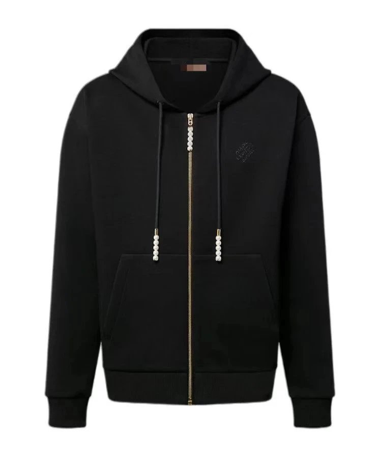 Louis Vuitton Black Zip-Up Hoodie with Pearl Embellished Drawstrings, Unisex Luxury Sweatshirt 1