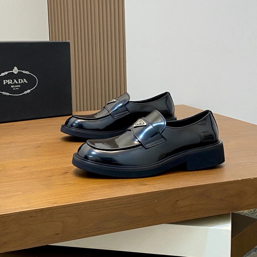 Prada Chocolate Brushed Leather Loafers Triangle Logo Black