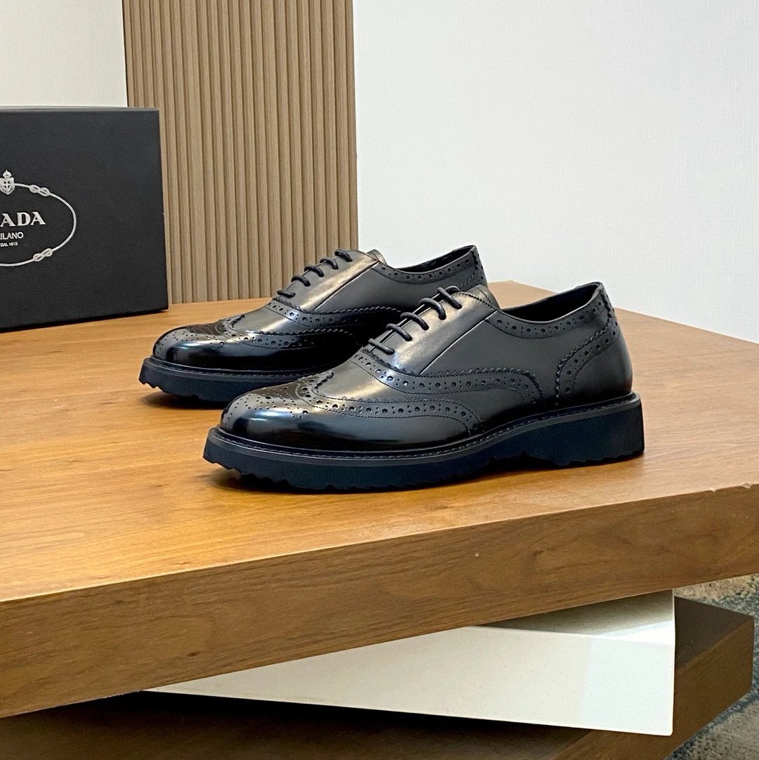 Prada Brogue Brushed Leather Wingtip Platform Lug Sole Black