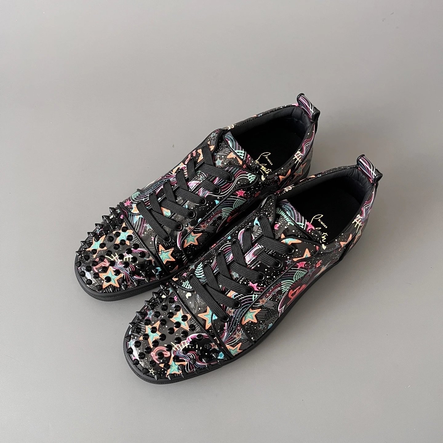 Christian Louboutin Louis Junior Spikes Patent Leather Star Print Black