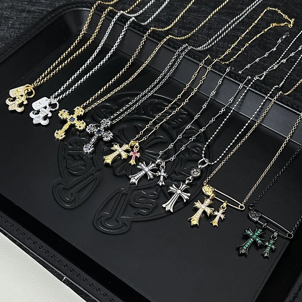 【 Highest Version 】 Chrome Hearts 925 Silver Double Cross Necklace Collection for Men and Women, Handmade Engraved Bamboo Chain, Couple's Day Gift 55CM