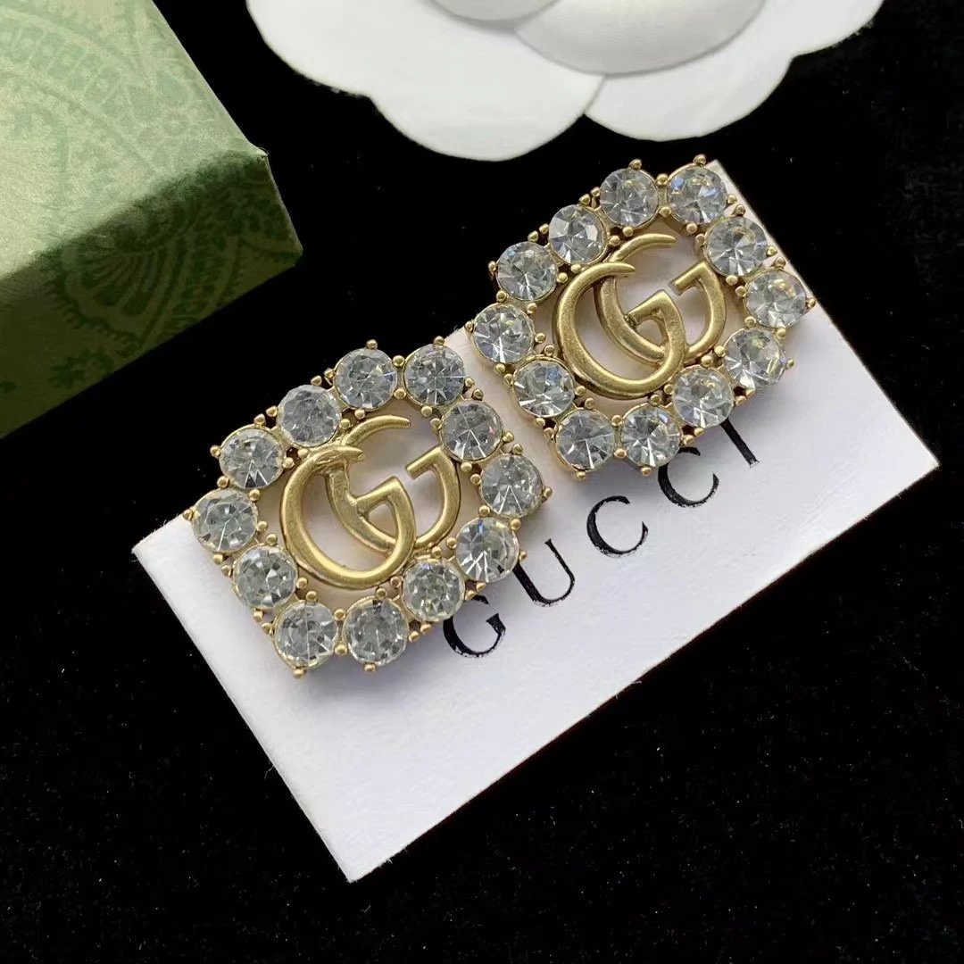 【 Purchasing Level 】 G Gucci Square Full Diamond Earrings Ancient Double G Hollow Diamond Earrings Earrings Accessories