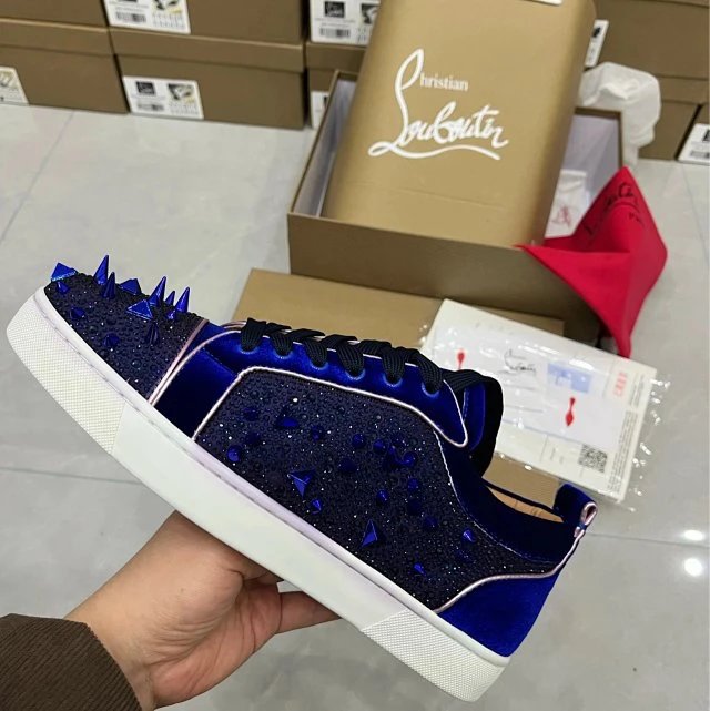 Christian Louboutin Louis Junior Spikes Blue Velvet Sneakers