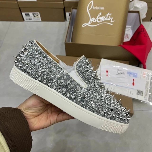 Christian Louboutin Spiky Flat Silver Glitter Slip-On Loafers