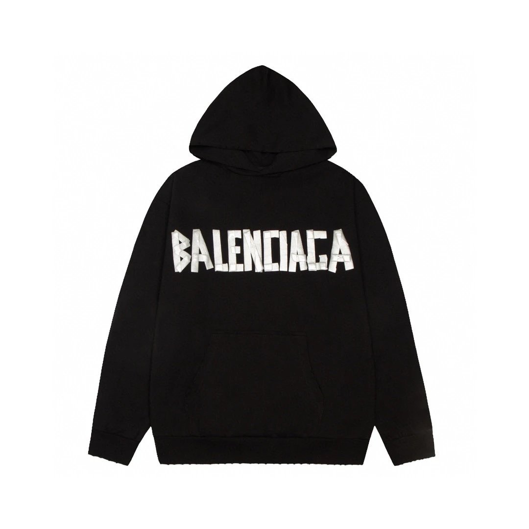 Balenciaga Distressed Tape-Detailed Hoodie with Worn-In Detailing – Exquisite Craftsmanship, Luxurious Appeal with High-End Recognition. Full Set of Tags Included. Relaxed Fit with a Slightly Dropped Shoulder Silhouette