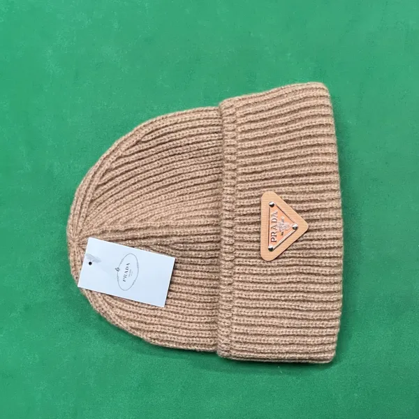 Prada Triangle Logo Beanie Beige Knit Hat - 1