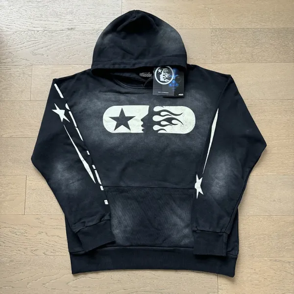 Hellstar Star Flame Washed Black Hoodie - 1